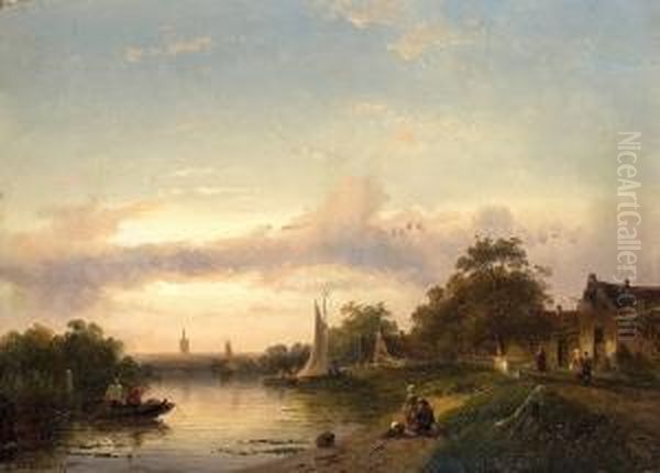 Abend Am Fluss Oil Painting by Charles Henri Leickert