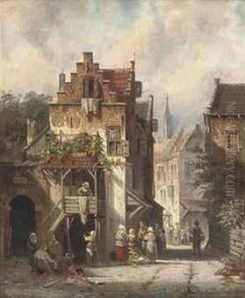 A Bustling Dutch Street Scene Oil Painting by Charles Henri Leickert