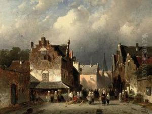 Market Day In A Dutch Town Oil Painting by Charles Henri Leickert