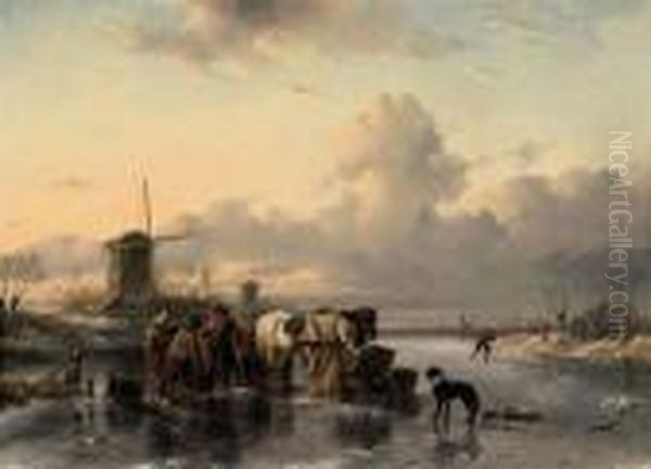 Tending To The Horses On A Frozen River Oil Painting by Charles Henri Leickert