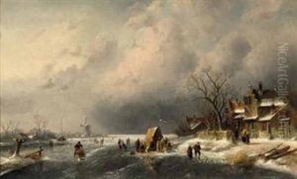 Numerous Skaters Near A Koek-en-zopie On A Frozen Waterway Oil Painting by Charles Henri Leickert