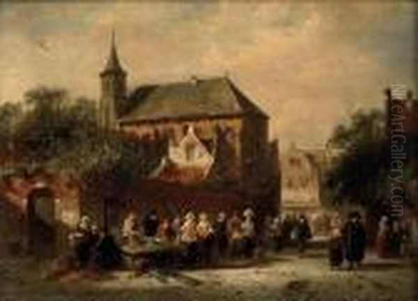 Market Day Near A Church On A Sunny Day Oil Painting by Charles Henri Leickert