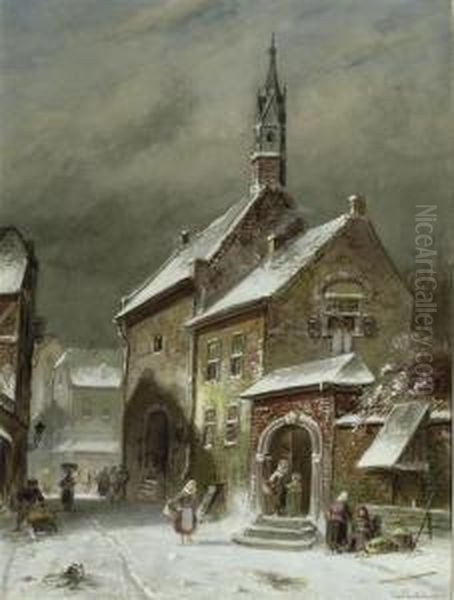 A Snow Covered Town With Numerous Figures Oil Painting by Charles Henri Leickert