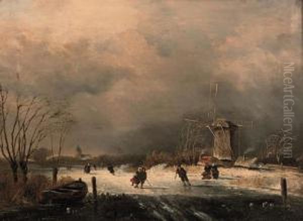 Numerous Figures On A Frozen Waterway Oil Painting by Charles Henri Leickert