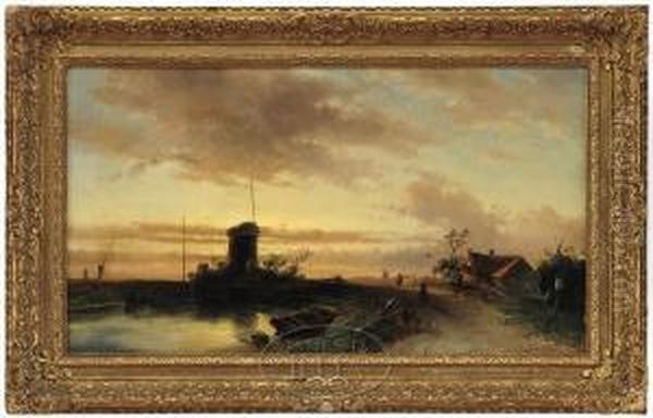 Windmills In The Sunset Oil Painting by Charles Henri Leickert