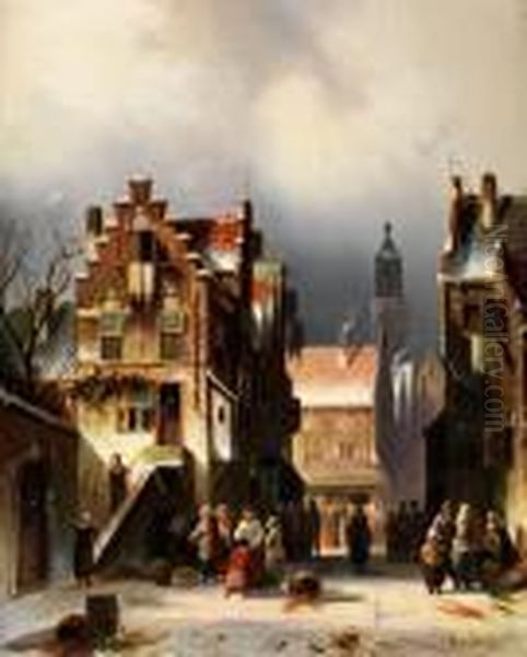 Markttreiben In Winterlicheraltstadt Oil Painting by Charles Henri Leickert