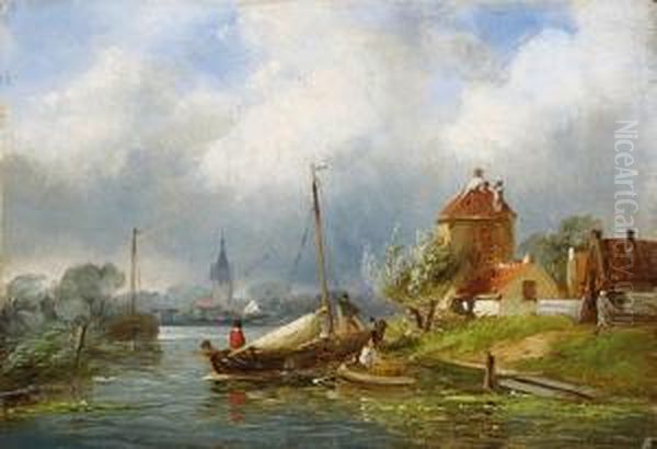 Flusslandschaft Mitsegelbooten Oil Painting by Charles Henri Leickert