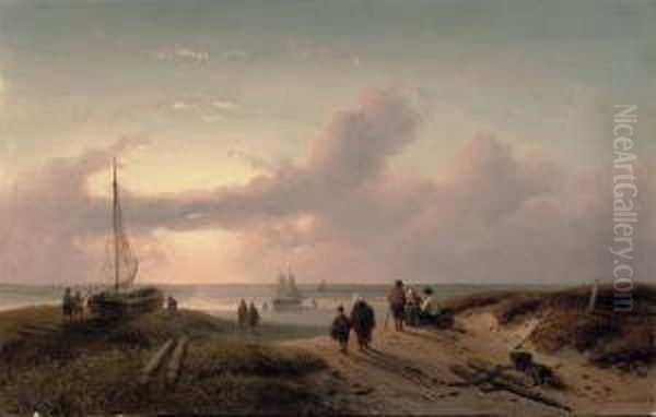 Fishermen Enjoying The Sunset Oil Painting by Charles Henri Leickert