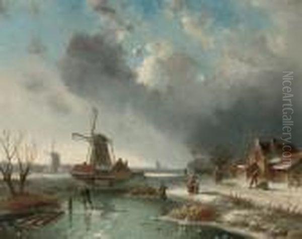 Activities On A Frozen Waterway Oil Painting by Charles Henri Leickert