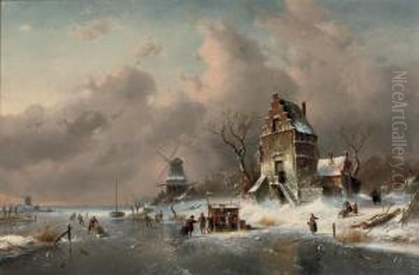 Numerous Skaters Near A Koek-en-zopie On A Frozen Waterway By Amansion Oil Painting by Charles Henri Leickert