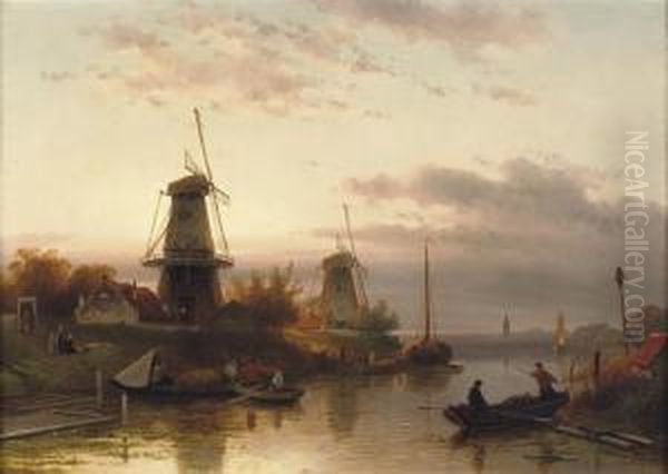 Windmills Along A River At Sunset Oil Painting by Charles Henri Leickert