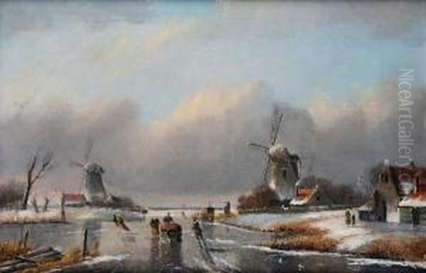 Dutch Winter Scene With Figures Skating On Afrozen Canal Oil Painting by Charles Henri Leickert