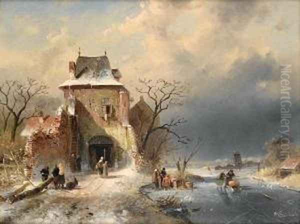 Winter Scene With Figures Oil Painting by Charles Henri Leickert