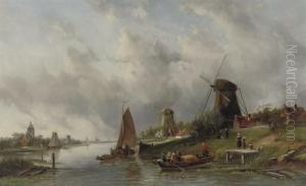 A Ferry Crossing A Busy River Oil Painting by Charles Henri Leickert