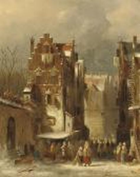 A Busy Day In A Snow-covered Town Oil Painting by Charles Henri Leickert