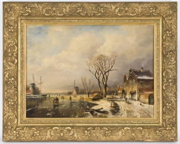 A Dutch Winter Landscape Oil Painting by Charles Henri Leickert