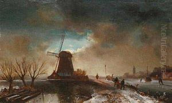 A Winter Landscape With A Windmill Oil Painting by Charles Henri Leickert