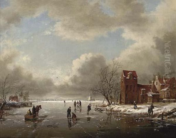 Skaters By A Farmstead On A Dutch Waterway Oil Painting by Charles Henri Leickert