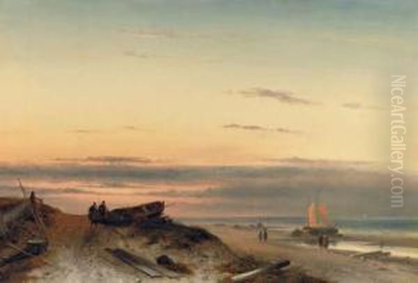 A Late Afternoon On The Beach In Summer Oil Painting by Charles Henri Leickert