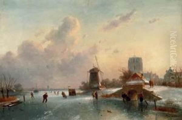 On The Ice On A Sunny Day Oil Painting by Charles Henri Leickert