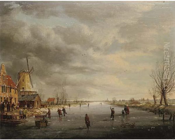 Figures On A Frozen Canal Oil Painting by Charles Henri Leickert