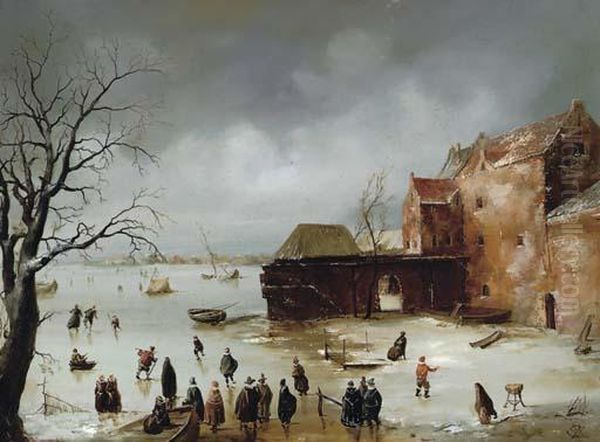 Figures On A Frozen Lake Oil Painting by Charles Henri Leickert