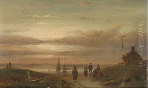 Sunset On The Beach Oil Painting by Charles Henri Leickert