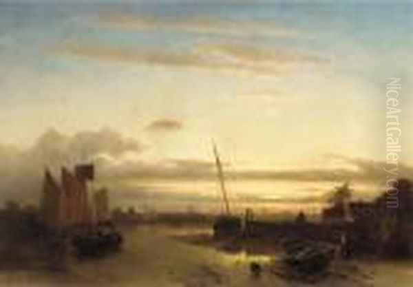 Low Tide On The Estuary Oil Painting by Charles Henri Leickert