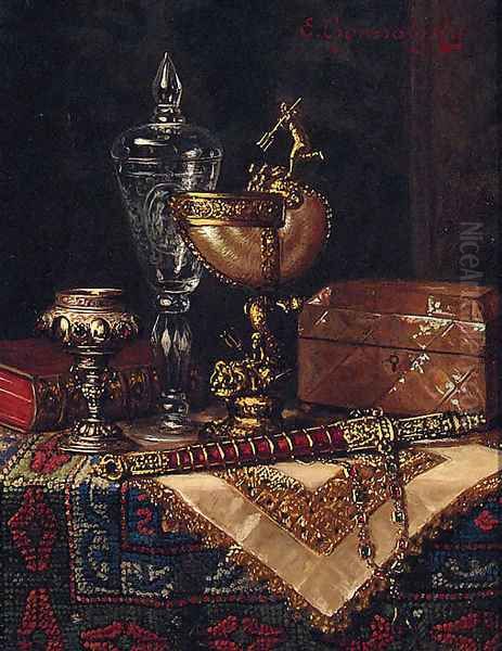 A Nautilus Cup, A Dagger, A Book And A Trinket Box On A Table Oil Painting by Ernst Czernotzky