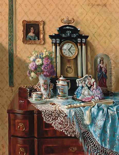 Ornaments on a dresser in an interior Oil Painting by Ernst Czernotzky