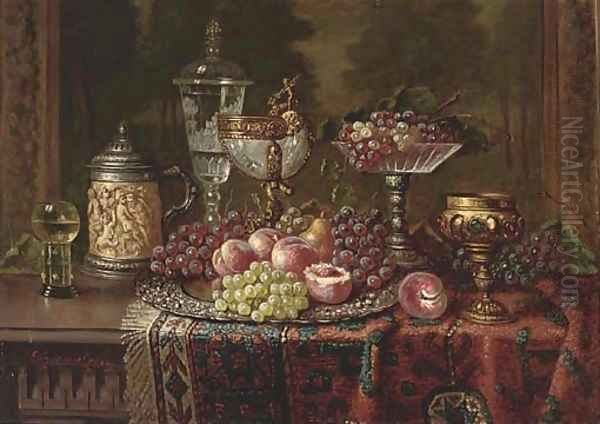 A salver of fruit and various vessels on a draped table Oil Painting by Ernst Czernotzky