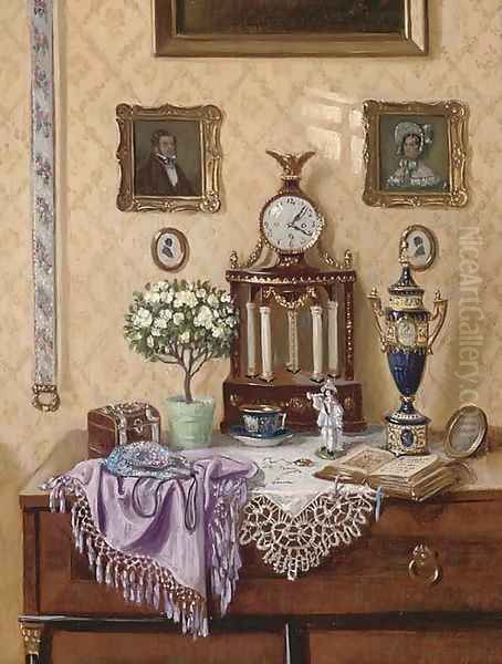 Ornaments on a dresser, in an interior; and In the libary Oil Painting by Ernst Czernotzky