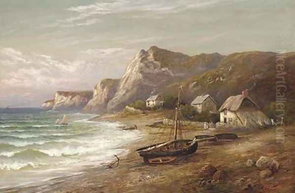 Fisherman's cottages on a coastline; and Waves breaking on a beach, a fishing village beyond Oil Painting by F. Clinton