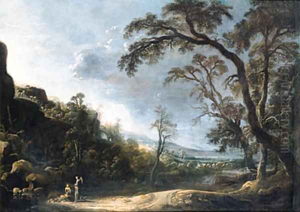 Tobias and the Angel in an extensive wooded, mountainous landscape Oil Painting by Joachim Govertsz. Camphuysen