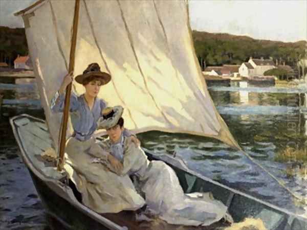 Ladies in a Sailing Boat Oil Painting by Jules Cayron