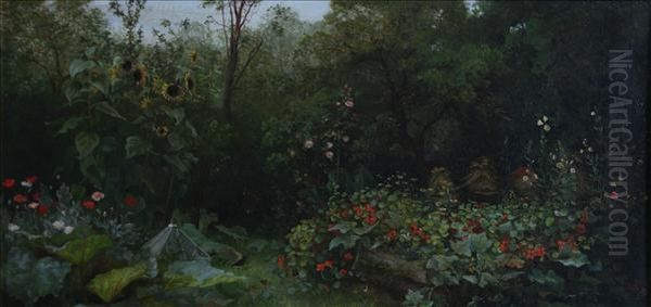 A Gardenscene With Sunflowers, Nasturtiums, Poppies, Beehives And Coldframe Oil Painting by Edmund Blair Blair Leighton