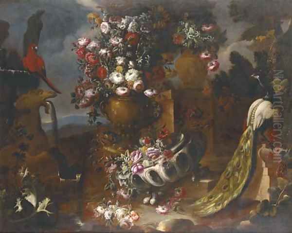 Roses, carnations, poppies, morning glory, asters and other flowers in two urns Oil Painting by Nicola Casissa