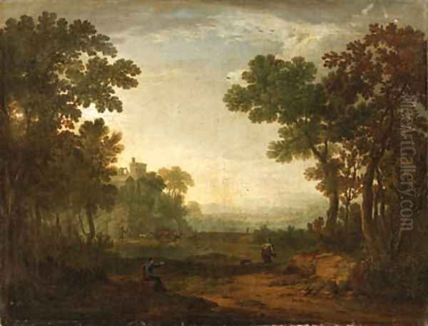 An Arcadian Landscape with Travellers and Herdsmen on a Path Oil Painting by Robert Carver