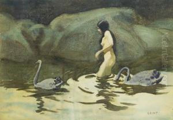 Woman And Swans Oil Painting by Frederick William Leist