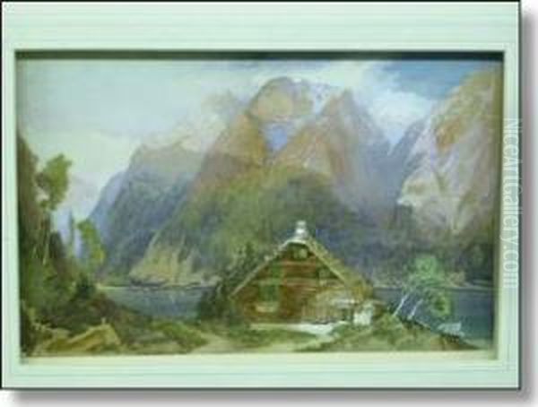 Alpine Chalets With Lake And Mountains Beyond Oil Painting by Richard Principal Leitch