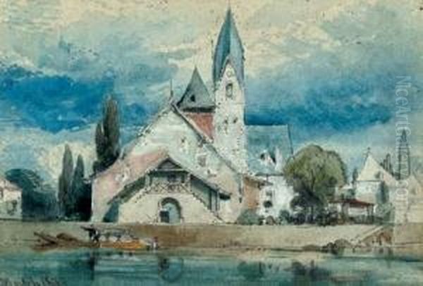 A Riverside Church Oil Painting by Richard Principal Leitch