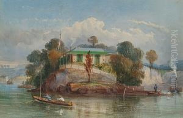 A Colonial House On A Rocky Promontory With Figures In Boats Oil Painting by Richard Principal Leitch