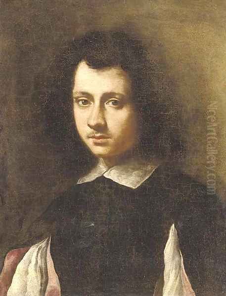 Portrait of a young man, bust-length, in a black doublet with slashed sleeves and a white collar Oil Painting by Carlo Ceresa