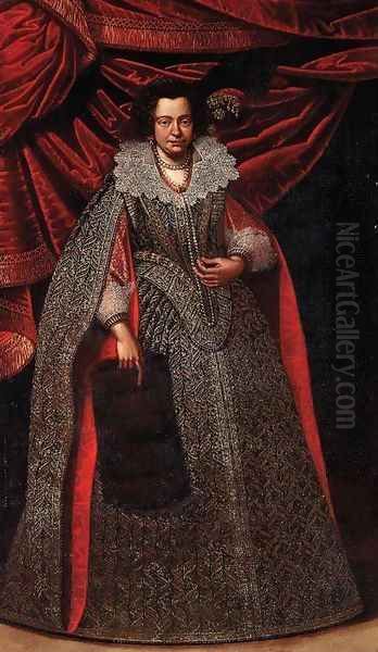 Portrait of a lady, full-length, in a gold and silver embroidered dress and with a plumed headdress, before a red curtain Oil Painting by Carlo Ceresa