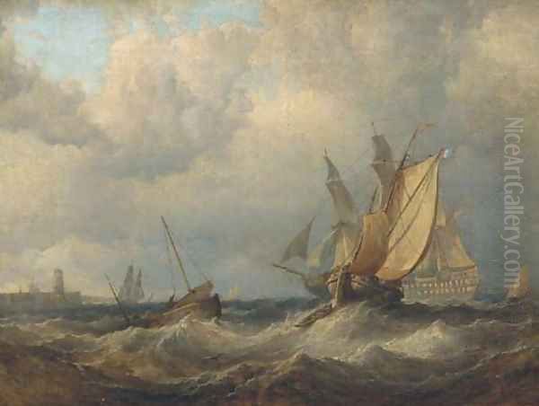 A Royal Naval two-decker backing her sails and making ready to enter port Oil Painting by George Chambers