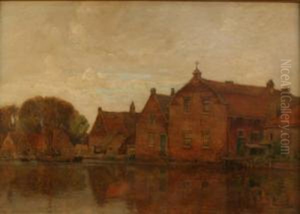 Dutch Canal View With Brick Warehouses And Farmstead Near Moored Barges Oil Painting by Thomas Leitner