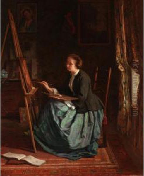 Madame Leleux, The Artist's Wife, At Her Easel Oil Painting by Armand Hubert Simon Leleux