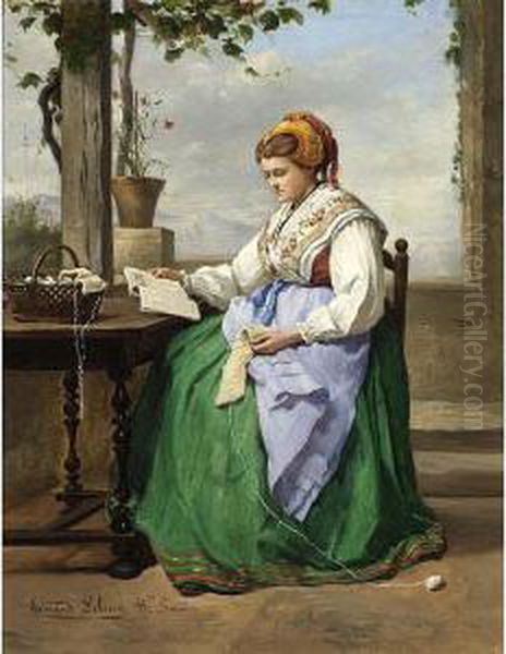 A Seamstress Reading On A Verandah In A Mountainous Landscape Oil Painting by Armand Hubert Simon Leleux