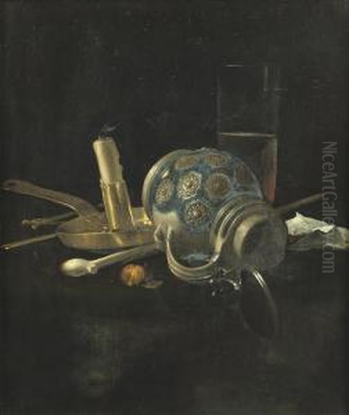 A Stoneware Jug, A Glass Of Beer, A Candlestick And A Pipe On Adraped Table Oil Painting by Cornelis van Lelienbergh