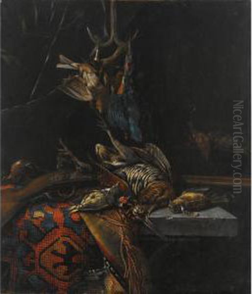 Other Properties
 

 
 
 

 
 A Still Life With A Woodcock, A Kingfisher And Songbirds, All 
On A Stone Table Draped With A Tapestry, Together With A Gun Oil Painting by Cornelis van Lelienbergh